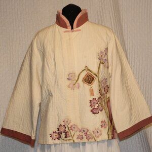 Asian Floral Painted JACKET Cream Rose Pink Mandarin dbl Collar bell sleevesNWT